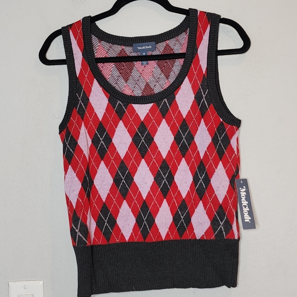 NWT Modcloth Red Purple Grey Silver Metallic Argyle Sweater Vest‎ Medium Preppy